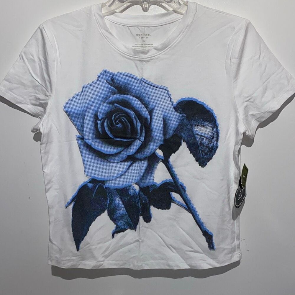 Homegirl Society Womens XL White Blue Rose Graphic Short Sleeve T-Shirt RN160362